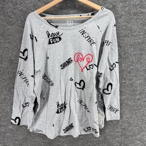 New EV1 T-Shirt Women 2XL Gray Graphic Print Long Sleeve Cotton Round Neck